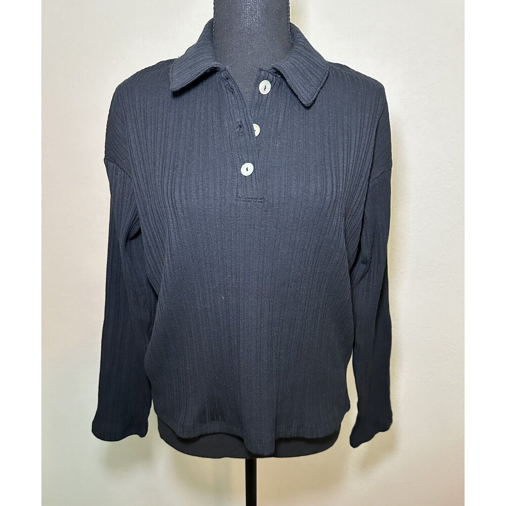 Madewell Womens Variegated‎ Rib Boxy Black Long Sleeve Polo Shirt SIZE XS